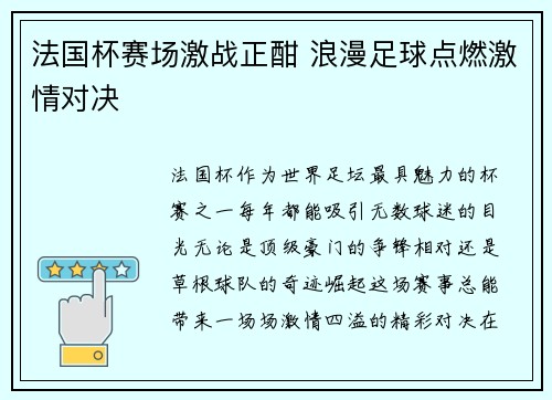 法国杯赛场激战正酣 浪漫足球点燃激情对决