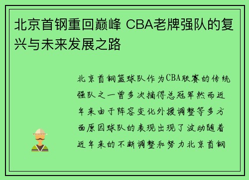 北京首钢重回巅峰 CBA老牌强队的复兴与未来发展之路